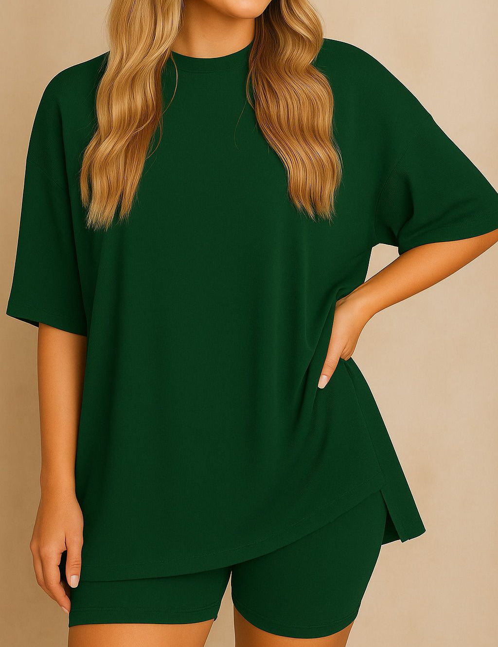 Oversized dark green lounge set with round neck top and shorts, available in plus sizes