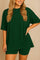 Oversized dark green lounge set with round neck top and shorts, available in plus sizes