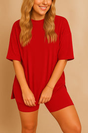 Oversized red lounge set with round neck top and shorts, available in plus sizes