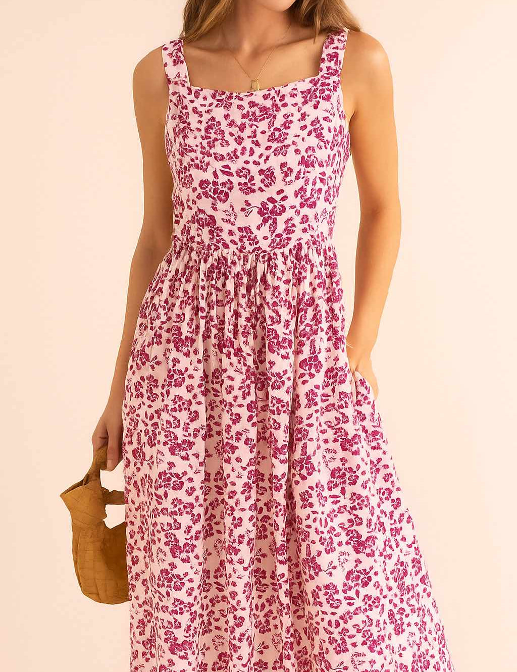 Women’s pink-floral square-neck sleeveless maxi dress with gathered waist and A-line drape — front three-quarter view