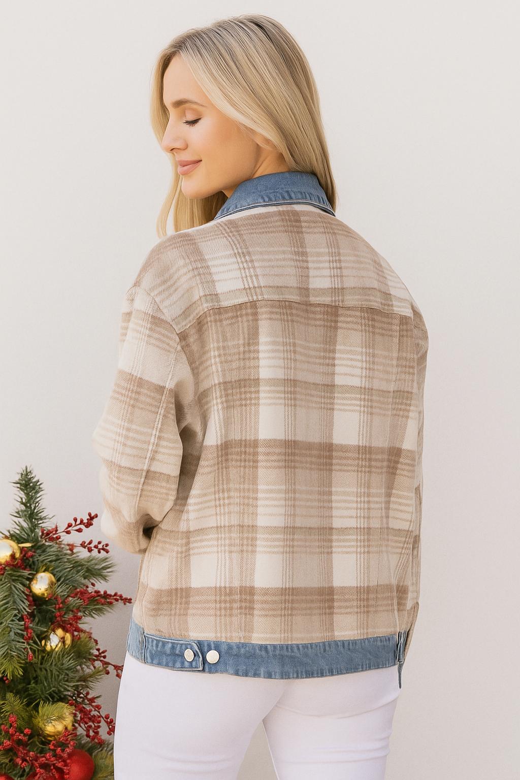 Back view of the plaid shacket with a clean back panel, denim-trimmed collar and hem, and a button-tab detail at the waistband.