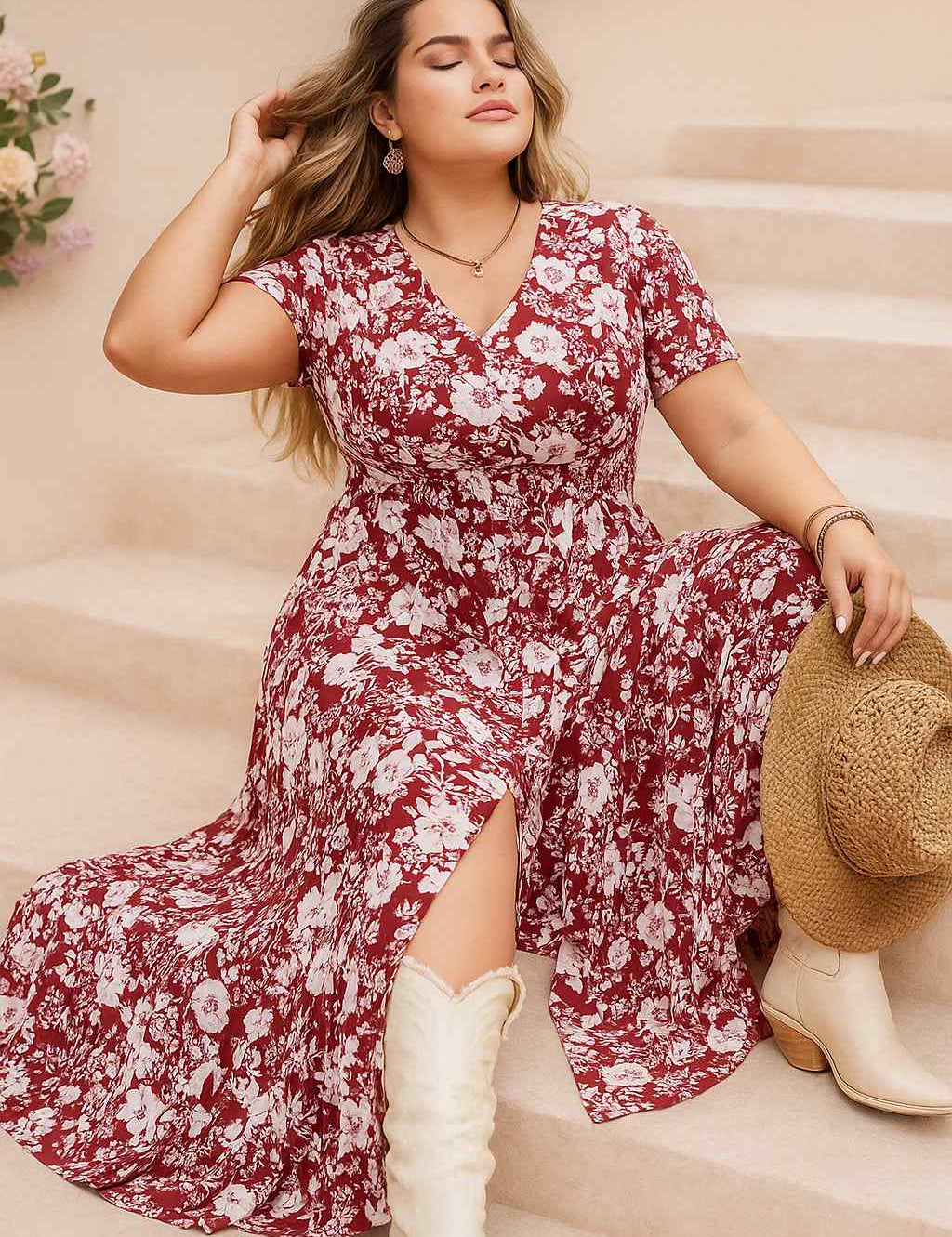Confident woman in a red floral plus-size maxi dress with V-neck and side slit, sitting gracefully with white boots and holding a straw hat — boho cowgirl vibe.