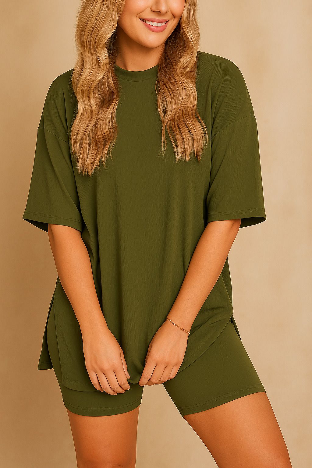 Plus size woman in olive green oversized lounge set with hands forward, showing relaxed fit top and shorts