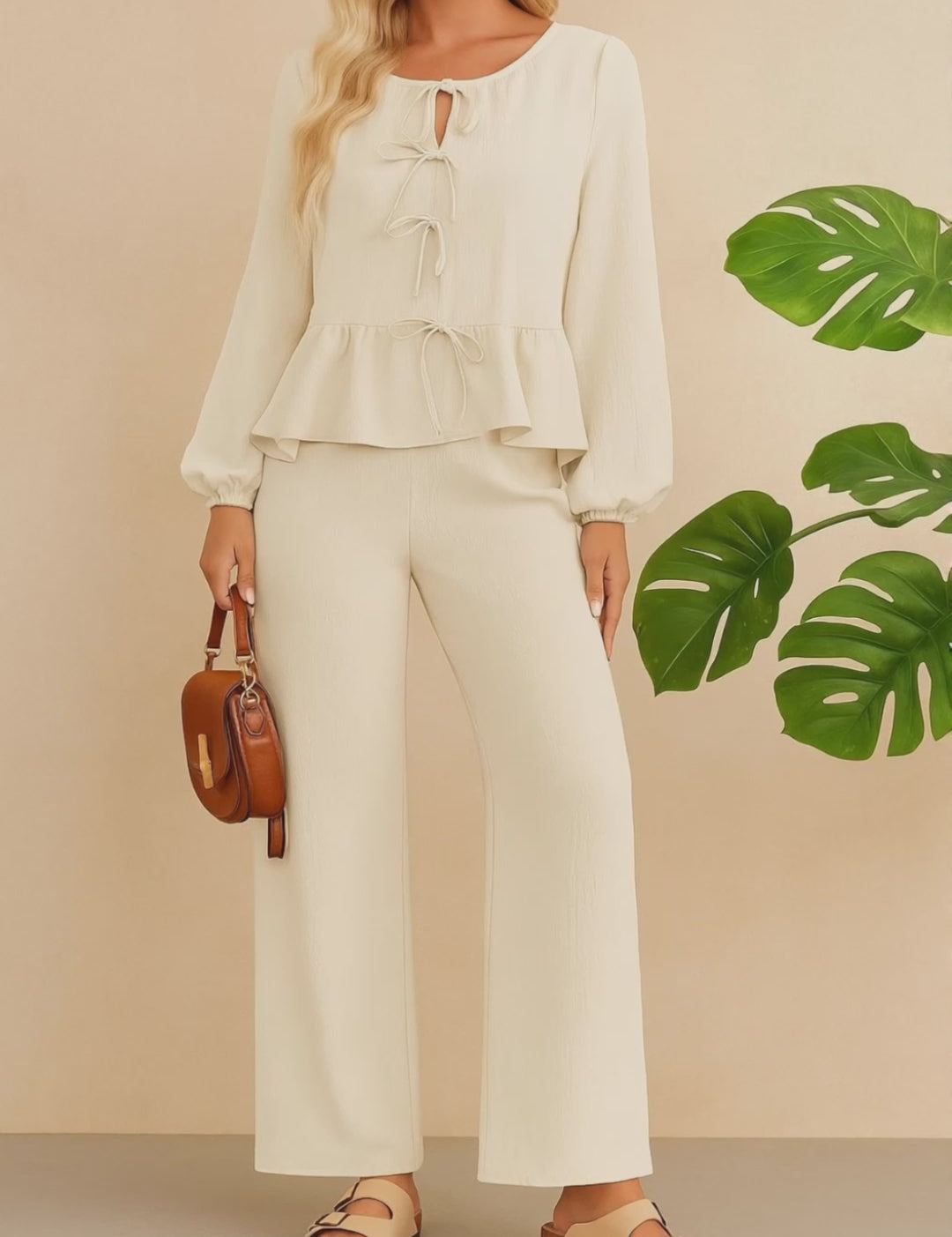 Short studio lookbook video of a cream tie-front peplum blouse with matching wide-leg pants and elastic waist.