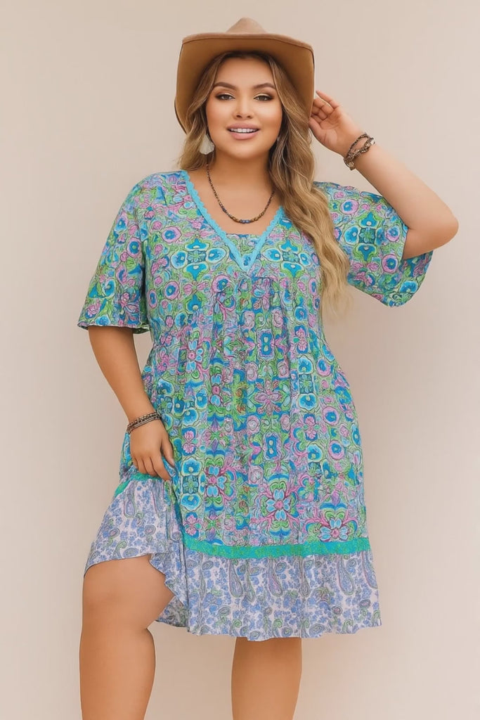 Plus-size sky-blue boho-print dress with lace-trim V-neckline, short sleeves and ruffled hem — studio lookbook video