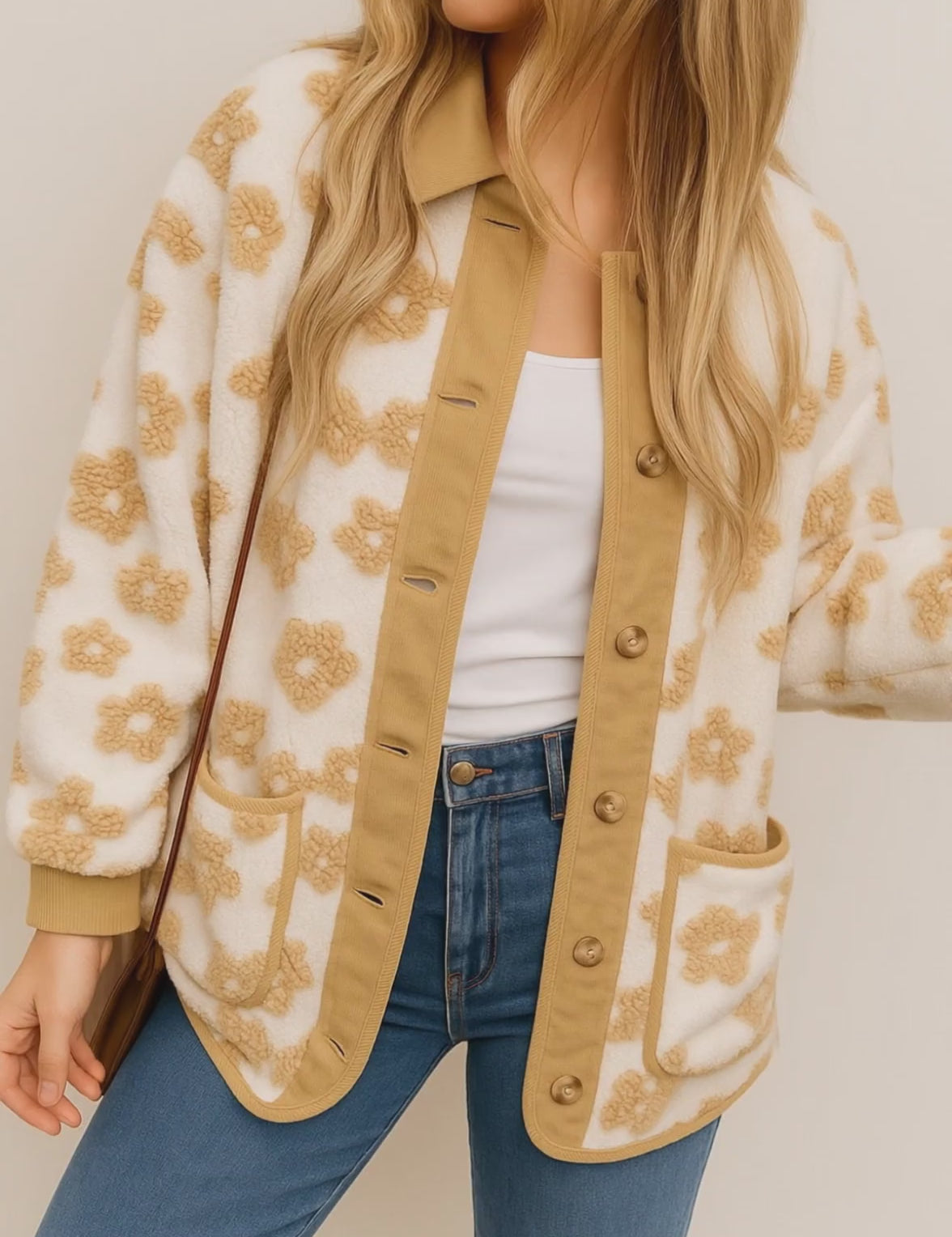 Short lookbook video of an ivory sherpa jacket with camel floral texture, corduroy trim, button-front, patch pockets and ribbed cuffs, shown in studio lighting