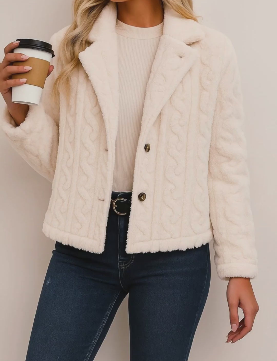 Short lookbook video of a cream fuzzy button-up short jacket with a notched lapel collar and long sleeves, shown in studio lighting.