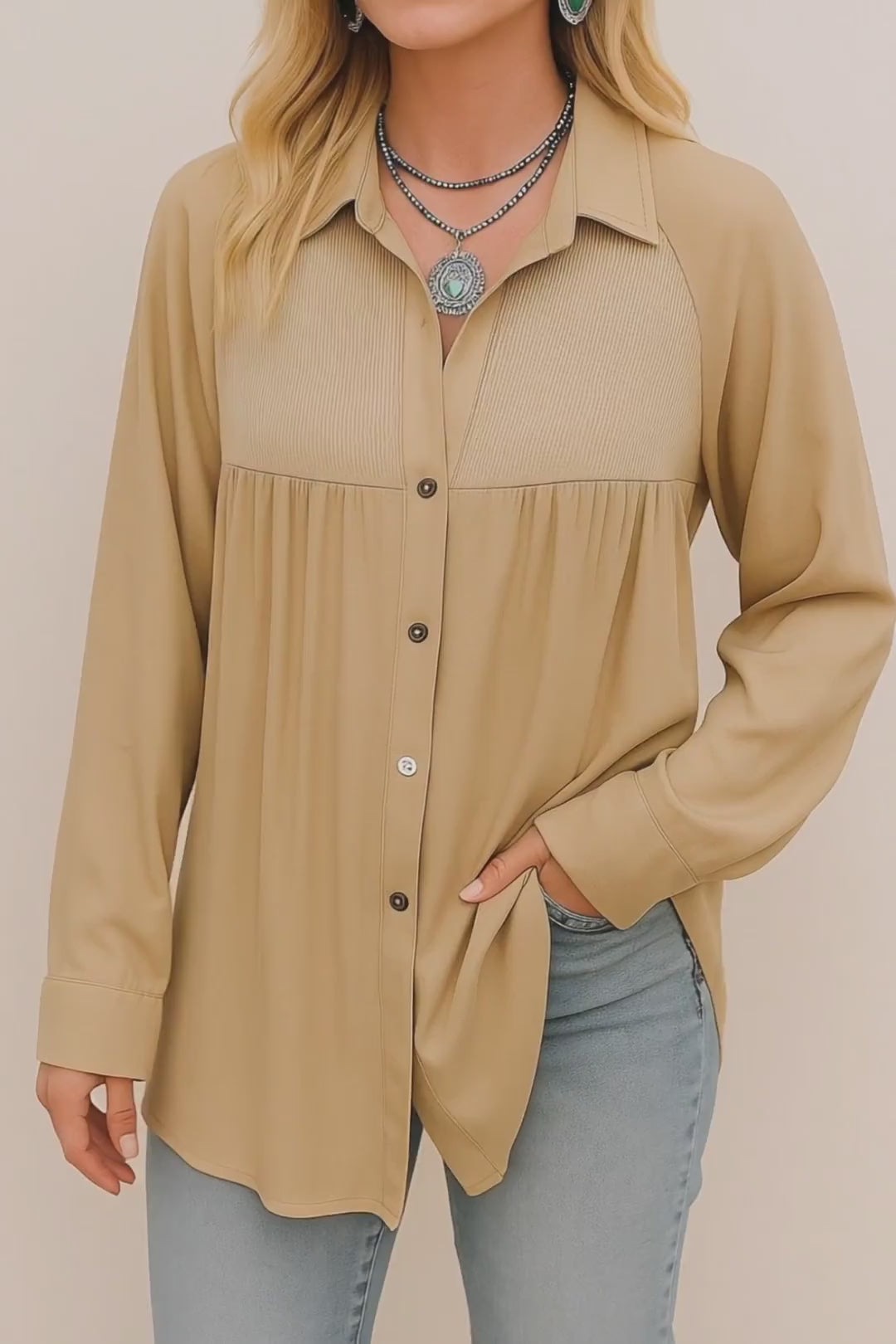 Waffle Patchwork Button-Up Oversized Shirt