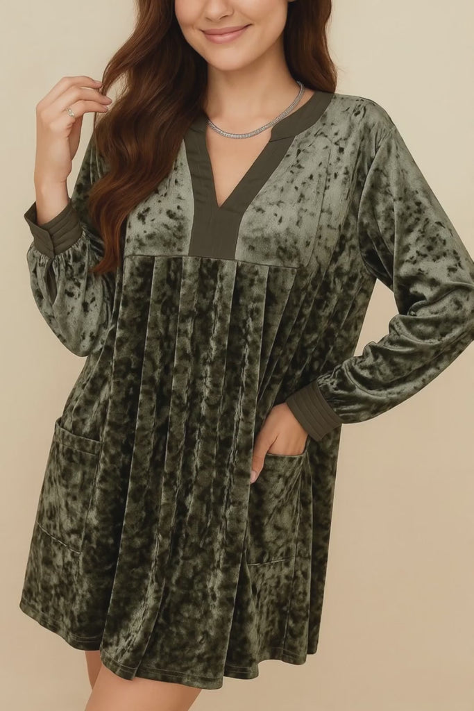Dark-green velvet mini dress with notched V neckline, long sleeves and side pockets — studio lookbook video