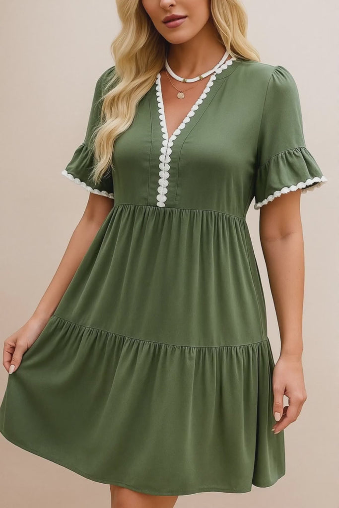 Olive green lace-trim mini dress with flounce short sleeves and tiered mini skirt — studio lookbook video