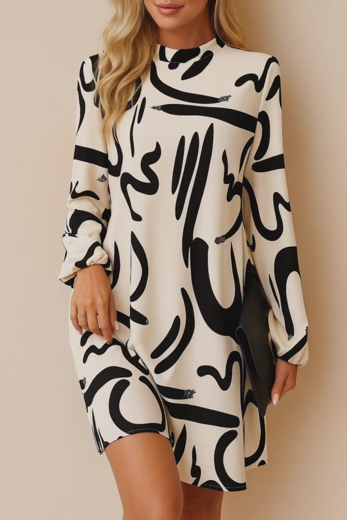 Cream abstract-print mock-neck long-sleeve mini dress with relaxed A-line drape and keyhole back — studio lookbook video