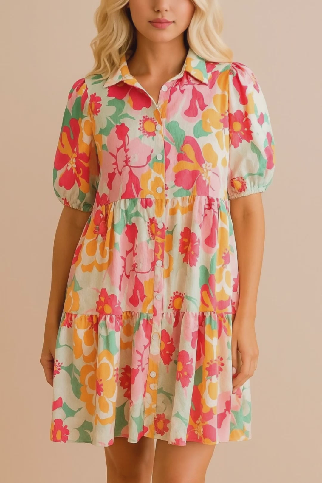 Floral button-down babydoll dress in strawberry multi with shirt collar, puff sleeves and tiered skirt — studio lookbook video