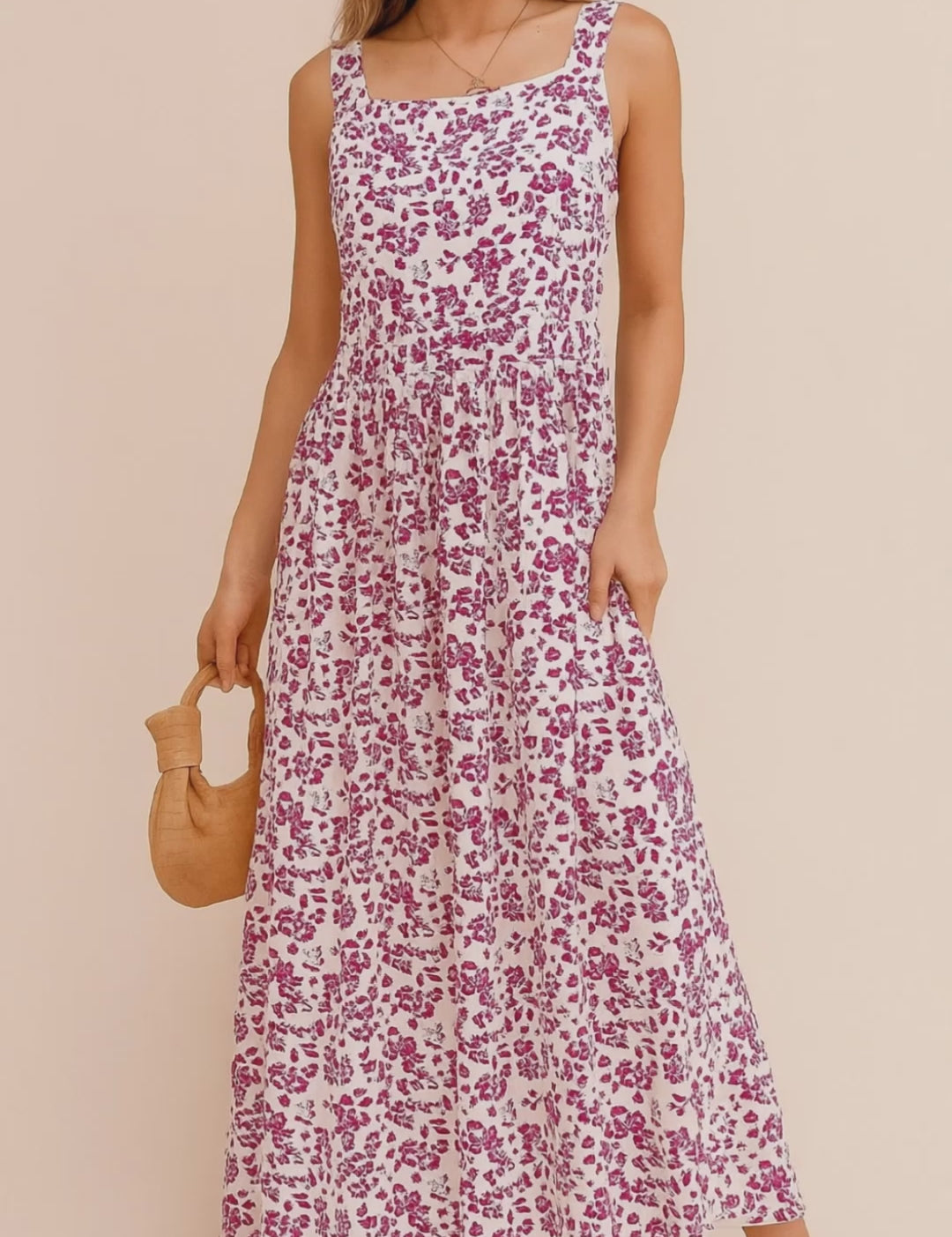 Pink-floral square-neck sleeveless maxi dress with gathered waist and flowing A-line skirt — studio lookbook video.