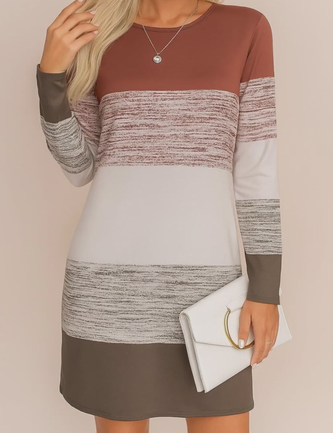 gray colorblock long-sleeve knit mini dress with round neckline and relaxed fit — studio lookbook video.