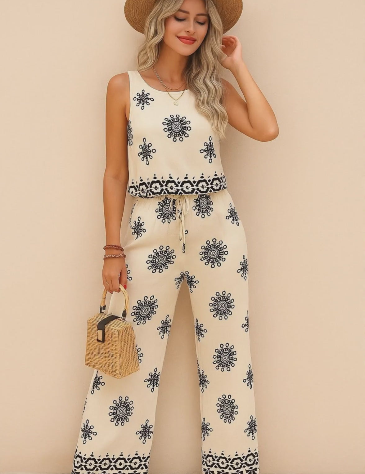 Short studio lookbook video showing a beige sleeveless printed top with drawstring waist and matching wide-leg pants with elastic waist.