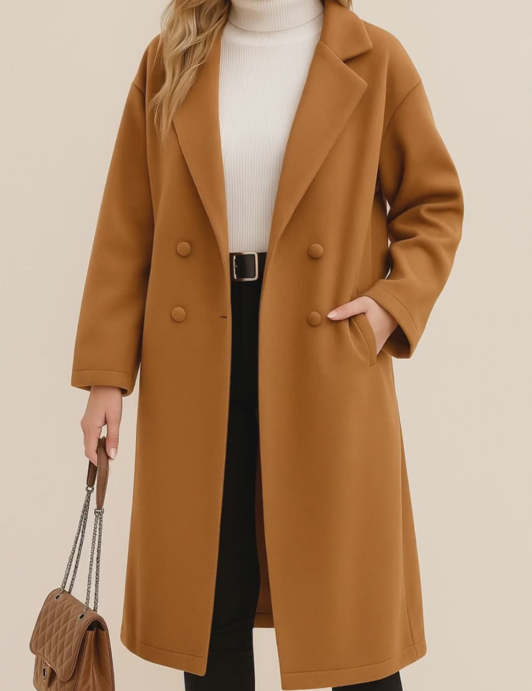 Short lookbook video showing the caramel tie-waist longline coat with notched lapel, double-breasted front, drop-shoulder sleeves and slant welt pockets from front and back views.