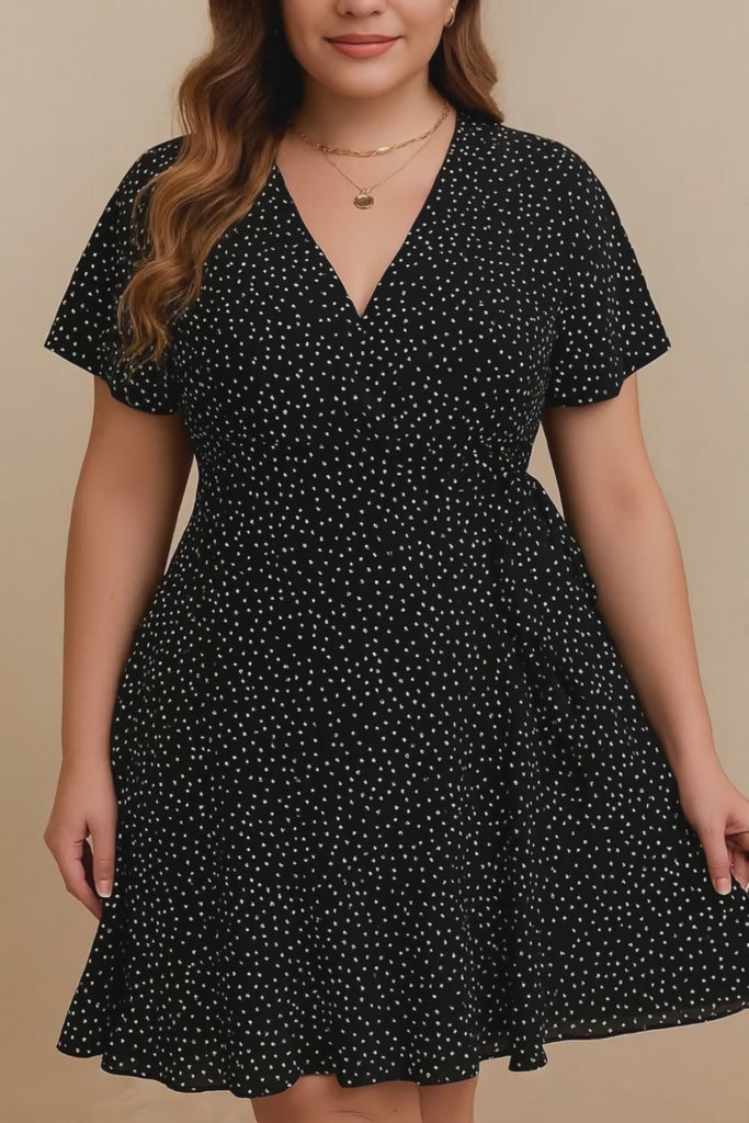 Plus-size black polka-dot wrap mini dress with V-neck, flutter sleeves and tie waist — studio lookbook video