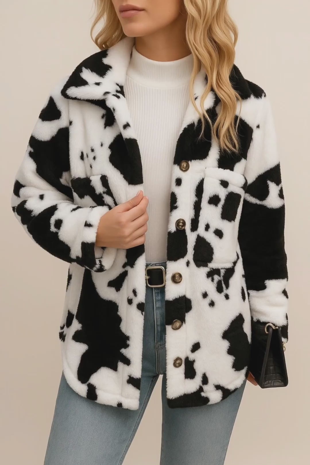 Short lookbook video of a white and black cow-print fuzzy button-up jacket with shirt collar and patch pockets, shown in studio lighting.