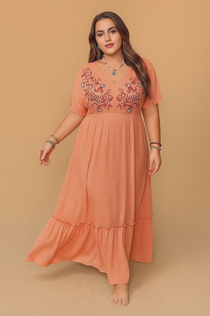 Plus-size coral embroidered V-neck frill maxi dress with empire waist and tiered frill hem — studio lookbook video.