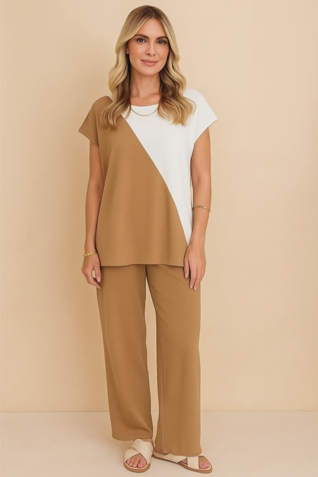 Shiny Two-Tone Round Neck Top and Pants Set