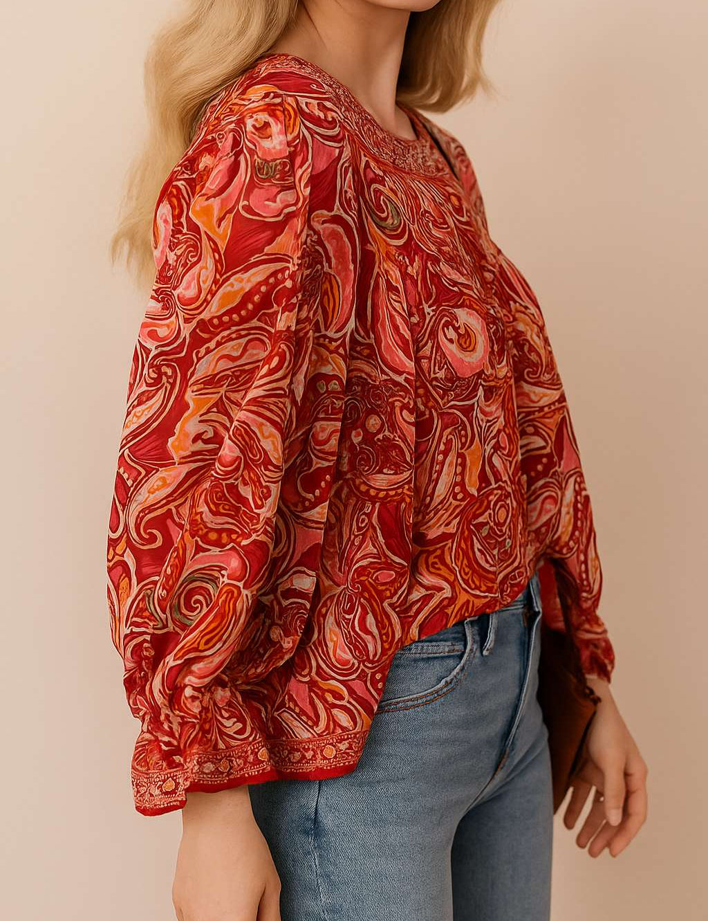 Left three-quarter view of the red-multi paisley tassel-tie blouse showing the gathered neckline, billowy sleeve and elastic cuff