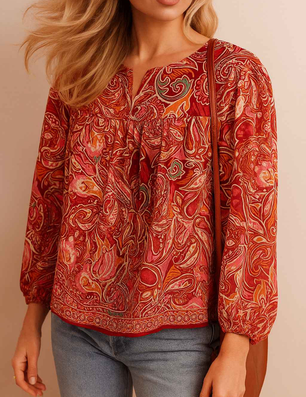 Front view of a women’s red-multi paisley blouse with a split tassel-tie neckline, gathered yoke, long sleeves with elastic cuffs and a straight hem