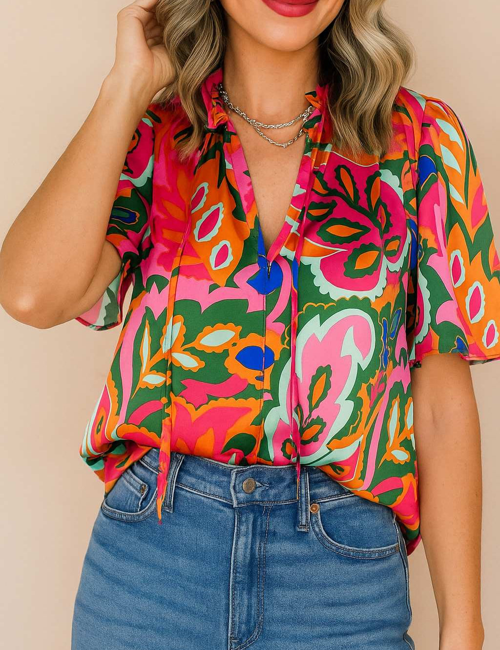 Front detail view of a women’s rose-multi tropical print tie-neck short-sleeve blouse with a soft V split and lightly ruffled collar