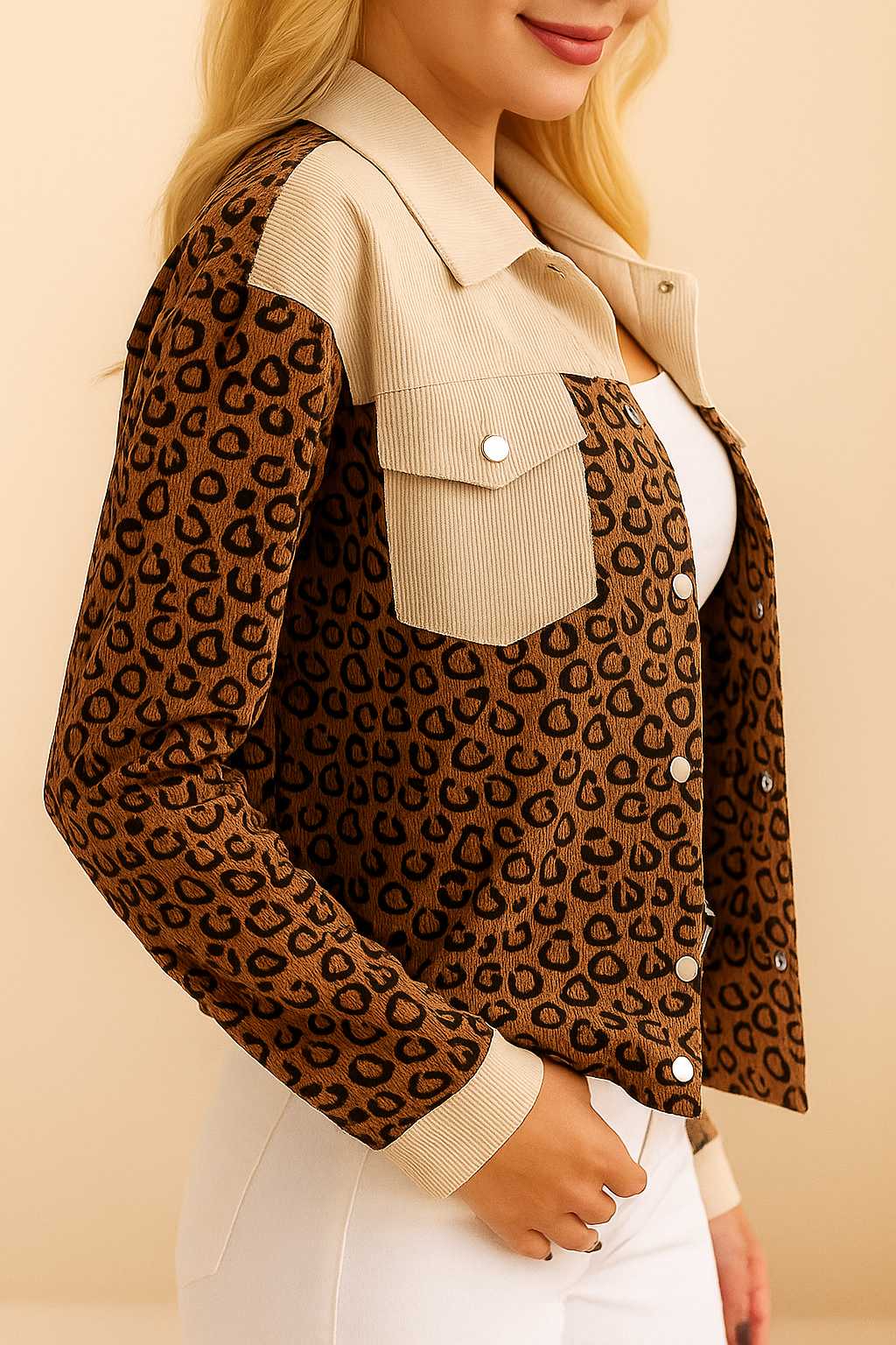 Leopard Print Colorblock Corduroy Jacket