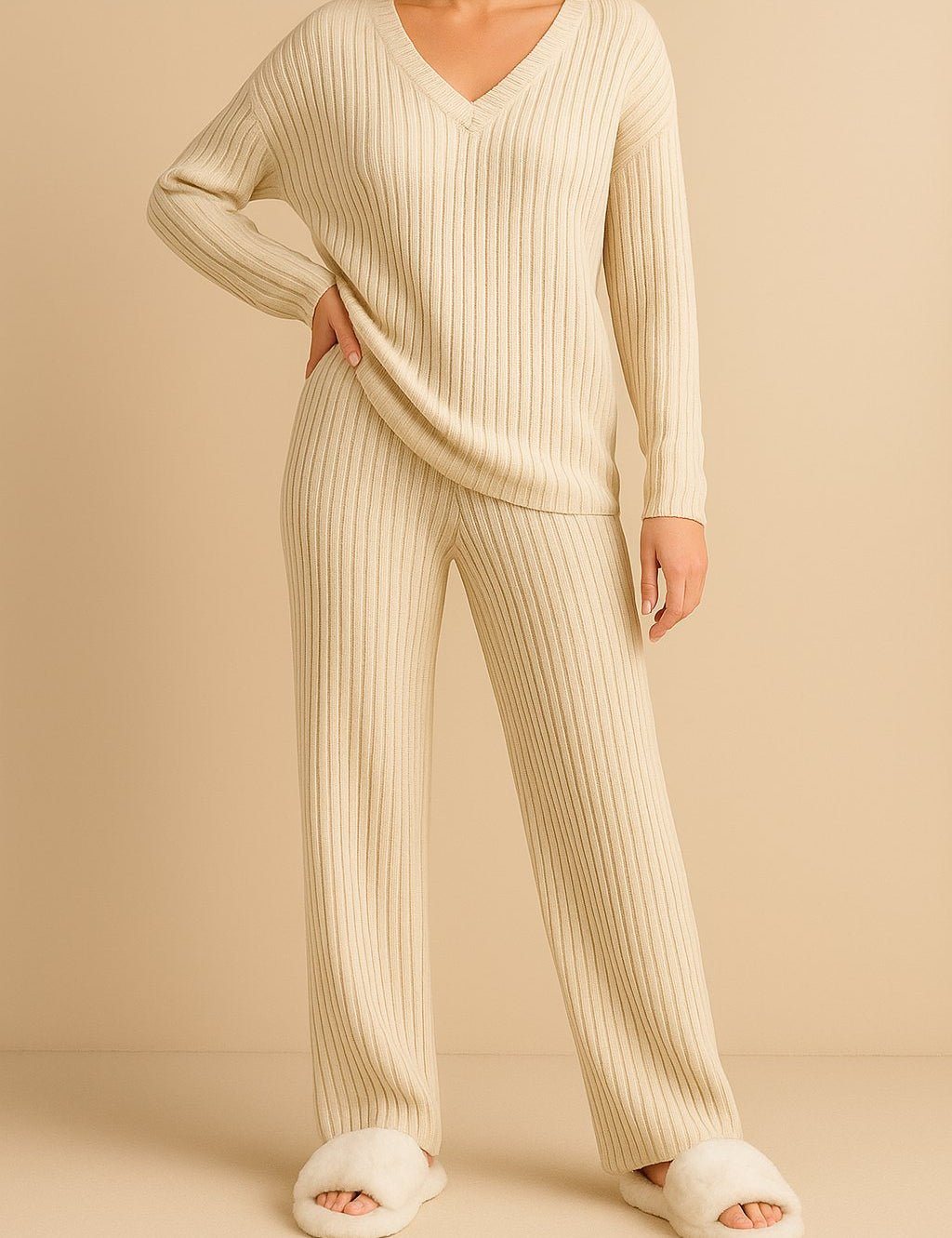 Women’s tan ribbed knit V-neck lounge set with long-sleeve sweater and straight-leg pull-on pants — front three-quarter view.