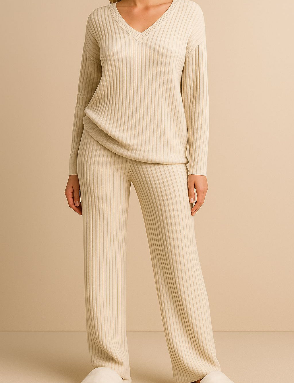 Tan ribbed knit V-neck lounge set with long-sleeve sweater and elastic-waist straight-leg pants — centered front view.