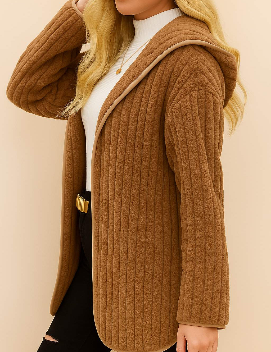 Alternate front view of the taupe open-front ribbed hooded coat with long sleeves.