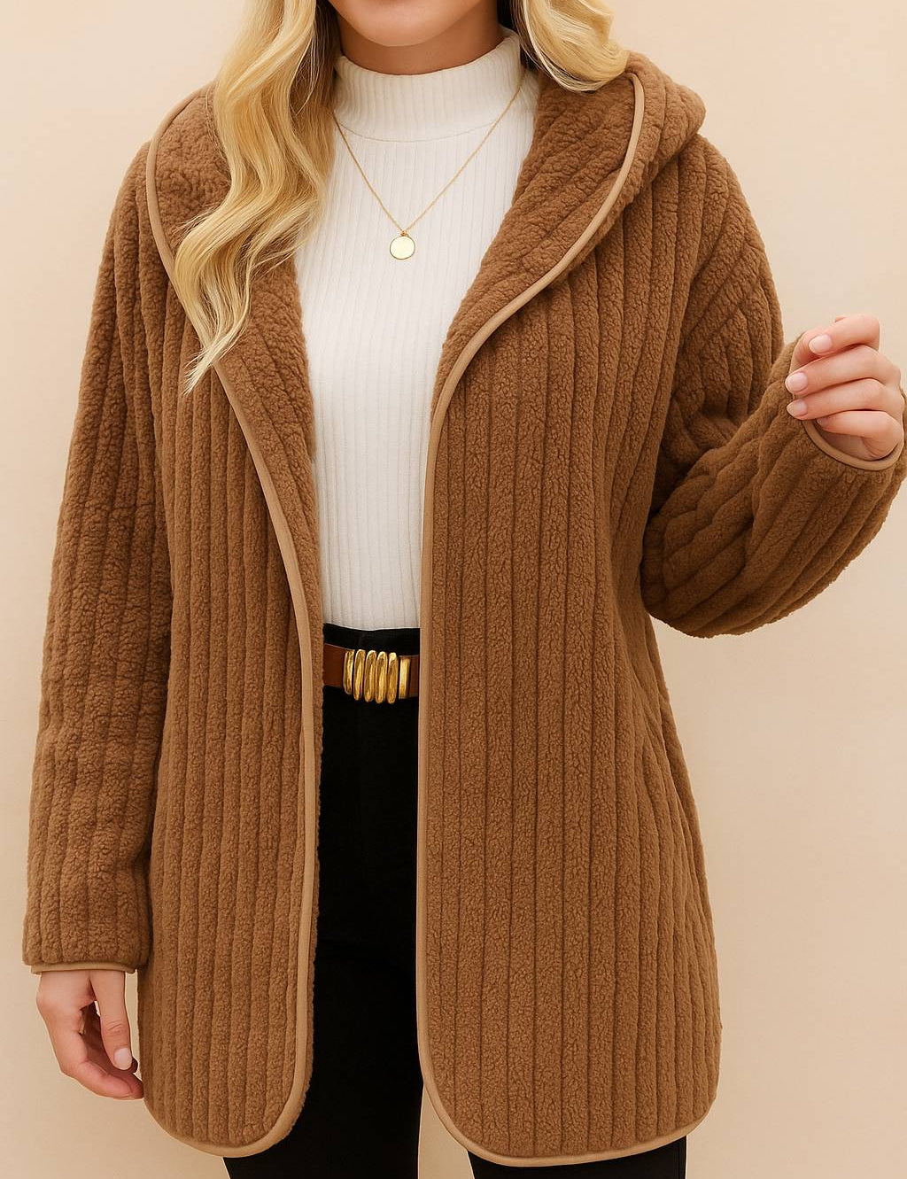 Front view of an open-front ribbed hooded coat in taupe with long sleeves and rounded hem.