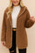 Front view of an open-front ribbed hooded coat in taupe with long sleeves and rounded hem.