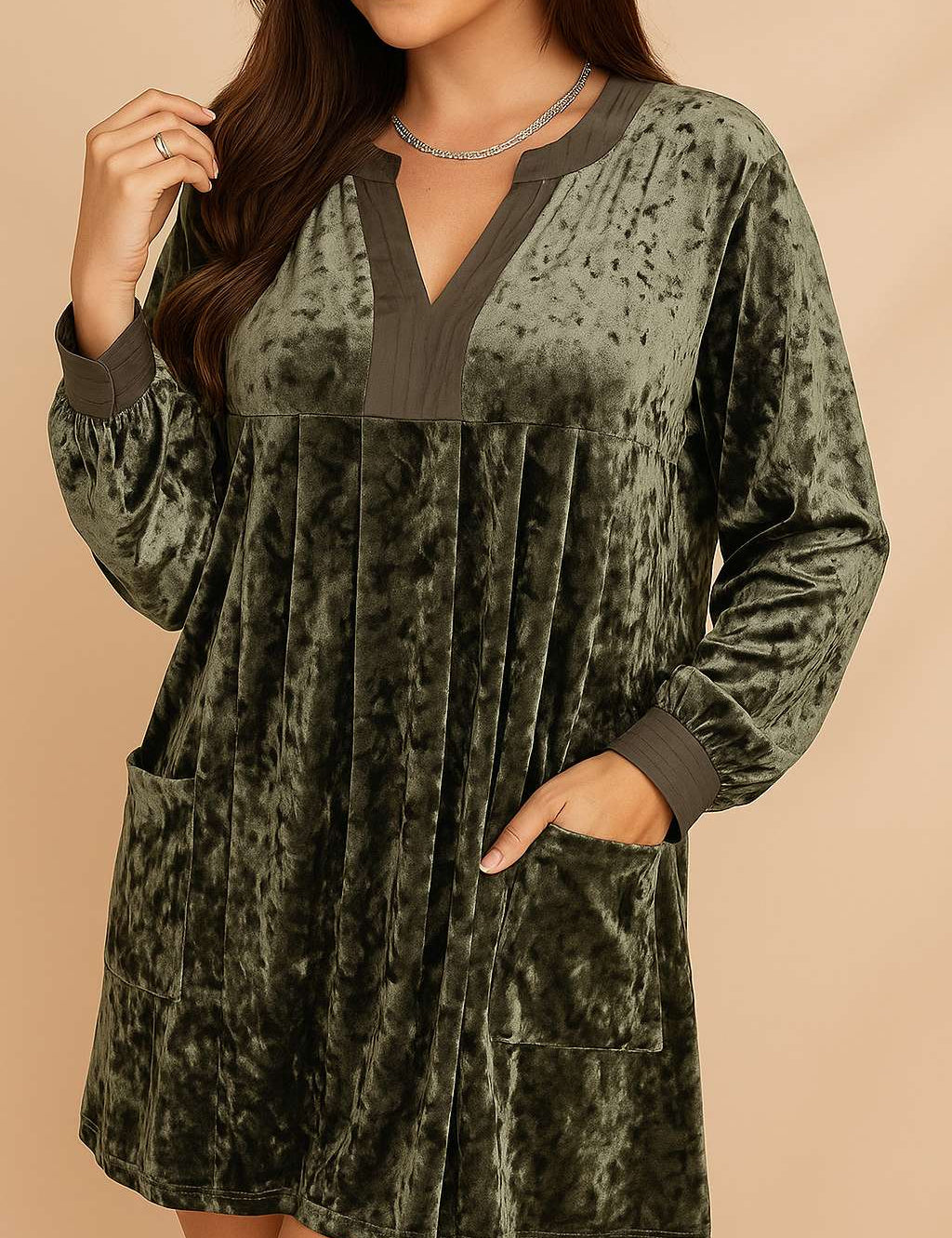 Women's khaki velvet dress with long sleeves, front pockets, and contrasting neckline and cuffs
