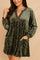 Women's khaki velvet dress with long sleeves, front pockets, and contrasting neckline and cuffs