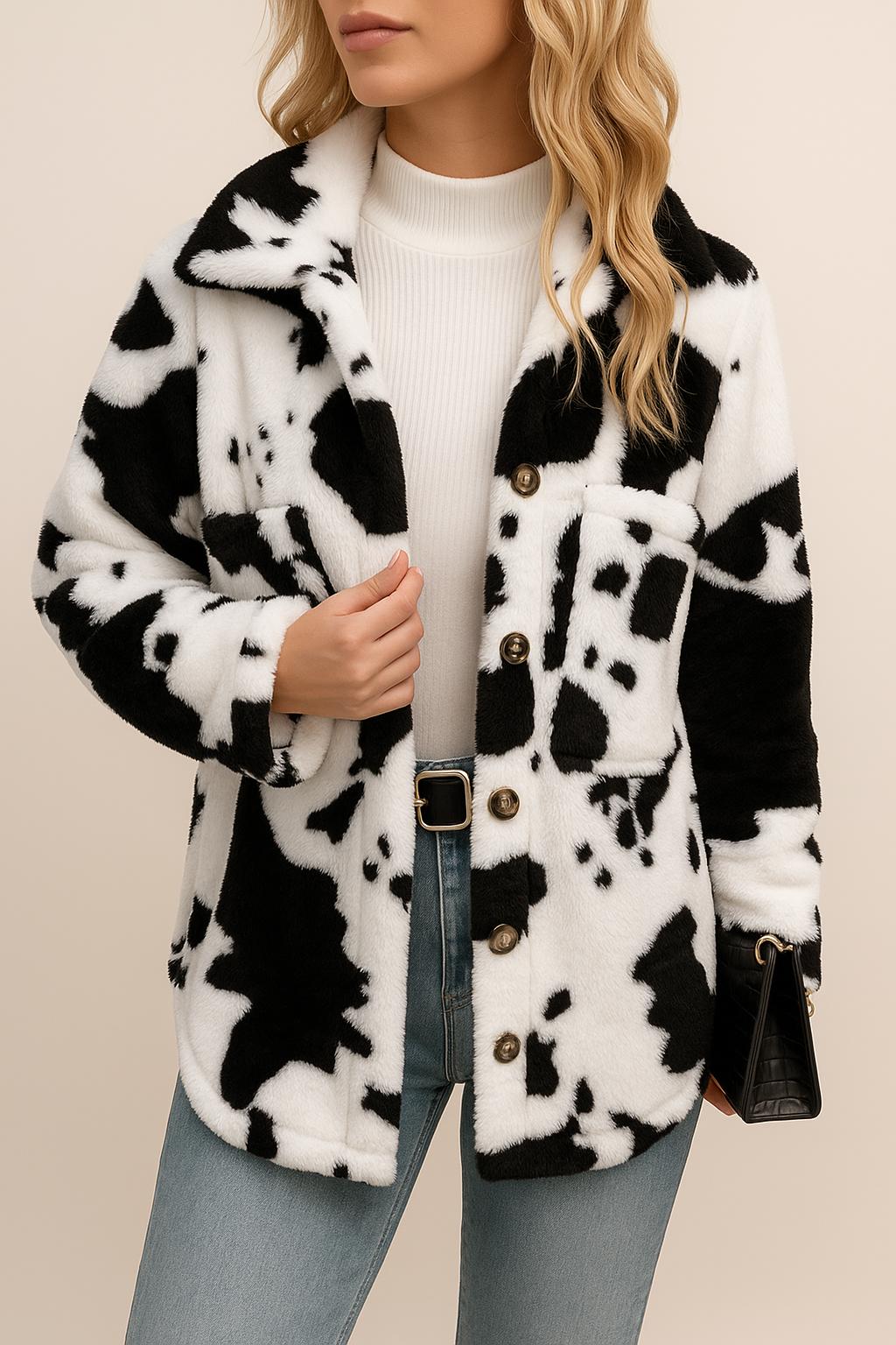 Centered front view of the white and black cow-print fuzzy button-up jacket with shirt collar and button placket.