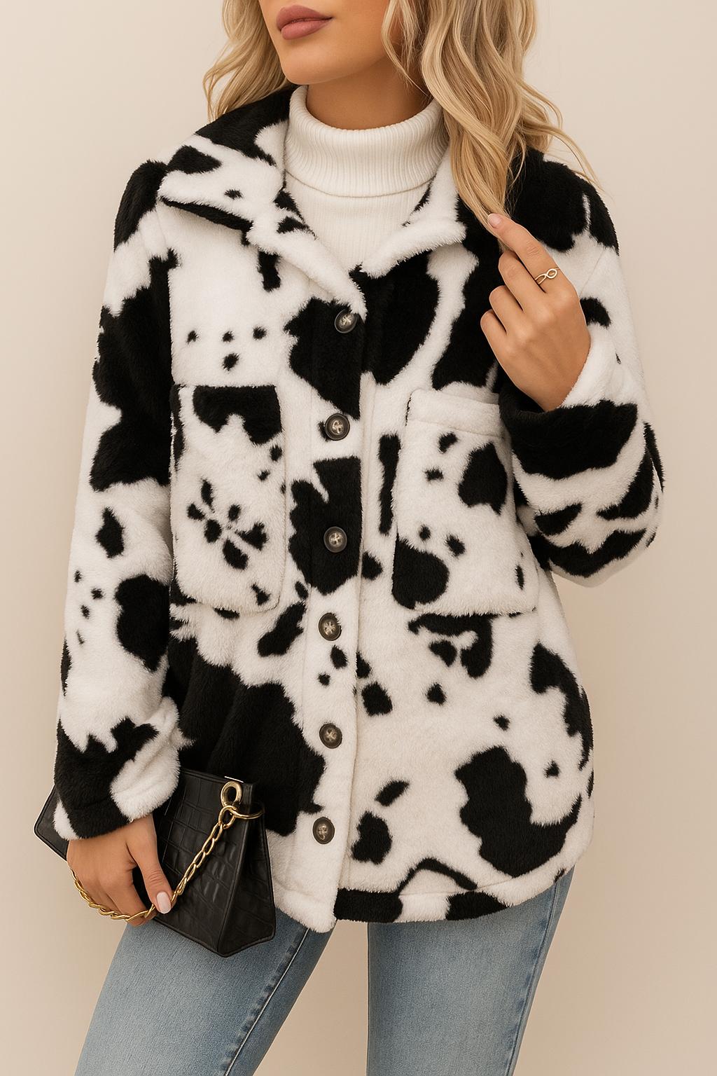 Front view of a women’s white and black cow-print fuzzy button-up jacket with a shirt collar, long sleeves, patch pockets and a rounded hem.