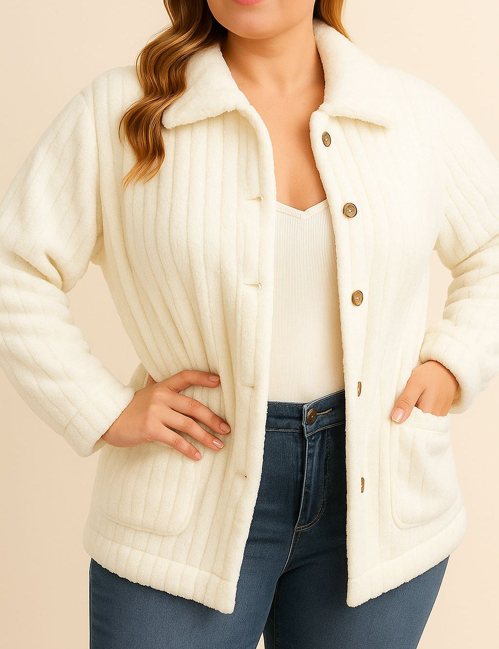 Front view of a women’s white fuzzy collared button-down jacket with drop-shoulder sleeves and front patch pockets; straight hem.