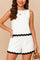 Front view of a white ric-rac trim tank-and-shorts two-piece set with black wave hem and side pockets