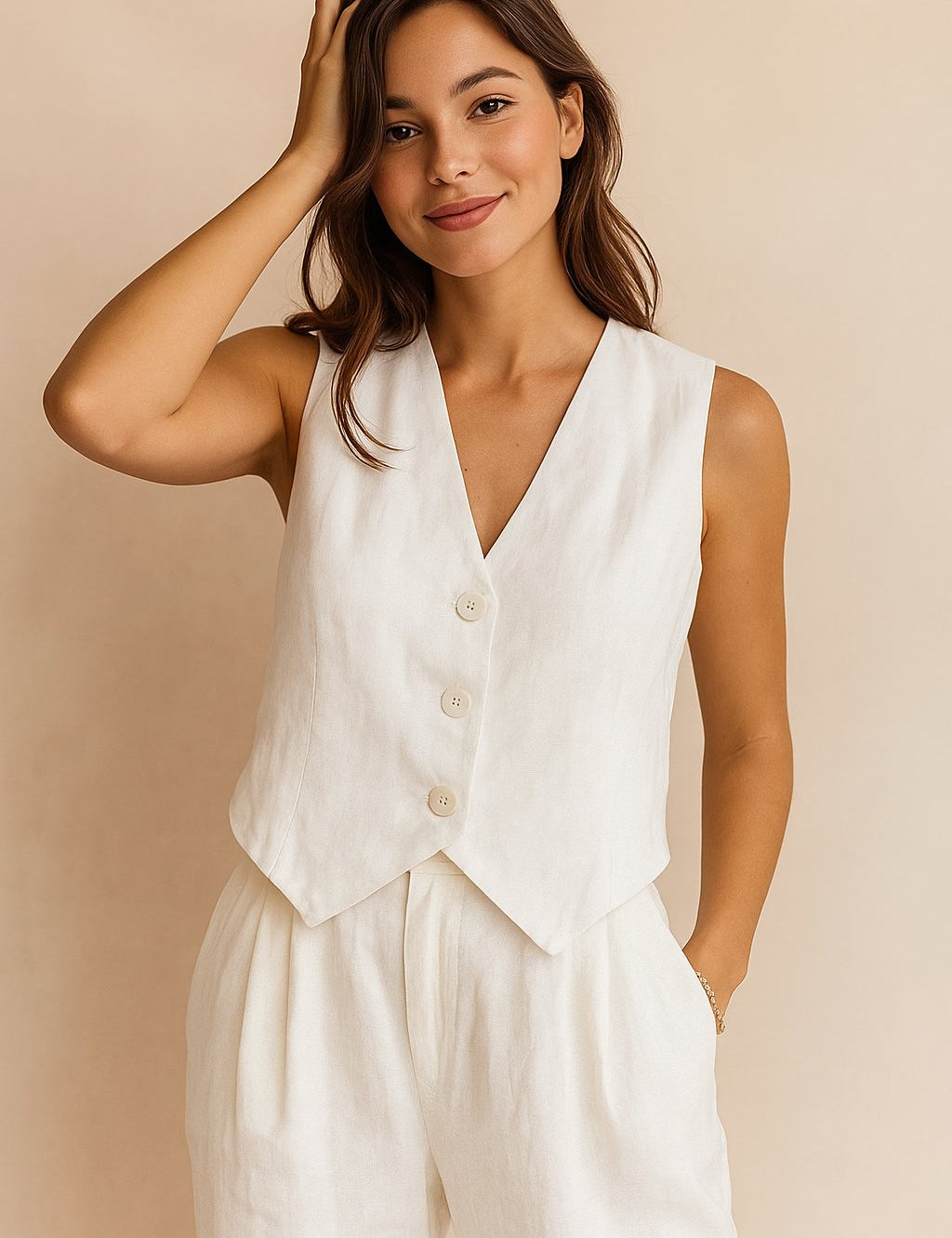 Portrait front detail of the white sleeveless vest and wide-leg pants set; V-neck and buttons.