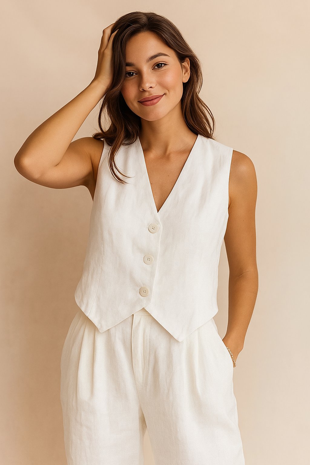 Portrait front detail of the white sleeveless vest and wide-leg pants set; V-neck and buttons.