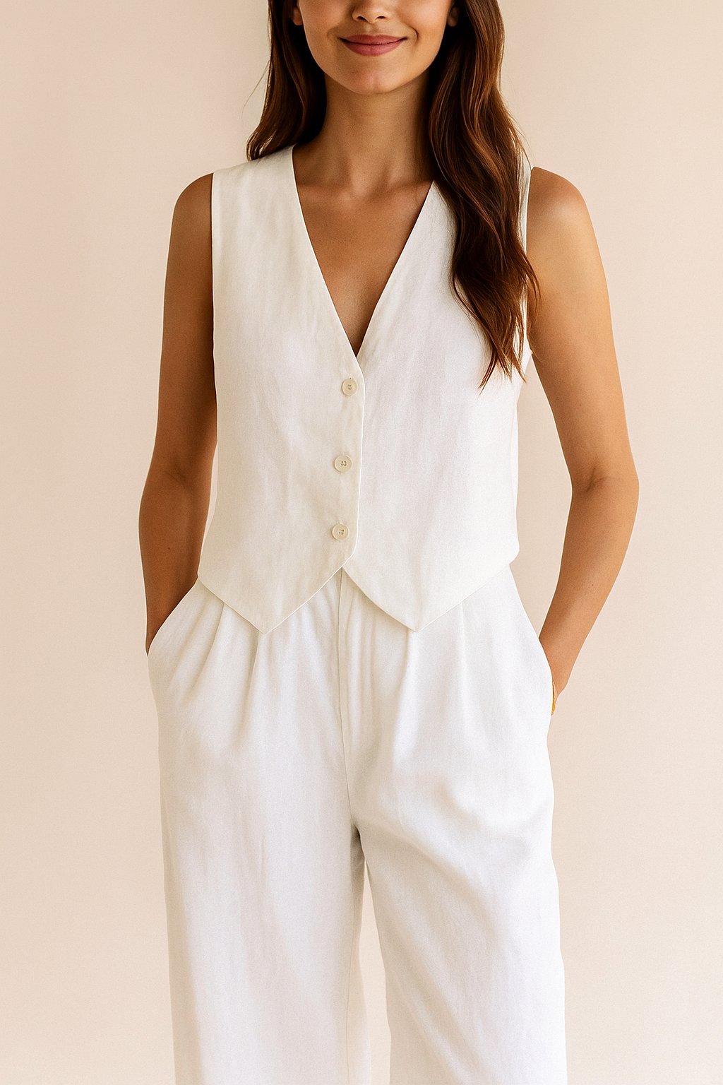 Close front view of the white vest and trousers highlighting the button closure and pleated waist.