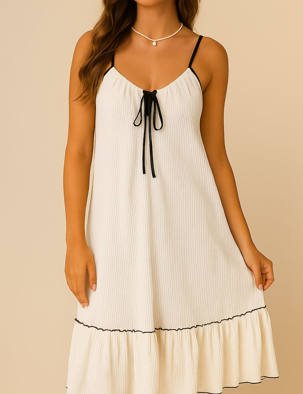 White tiered ruffled lounge dress showing the tie-front neckline, adjustable straps and black contrast trim — front detail view.