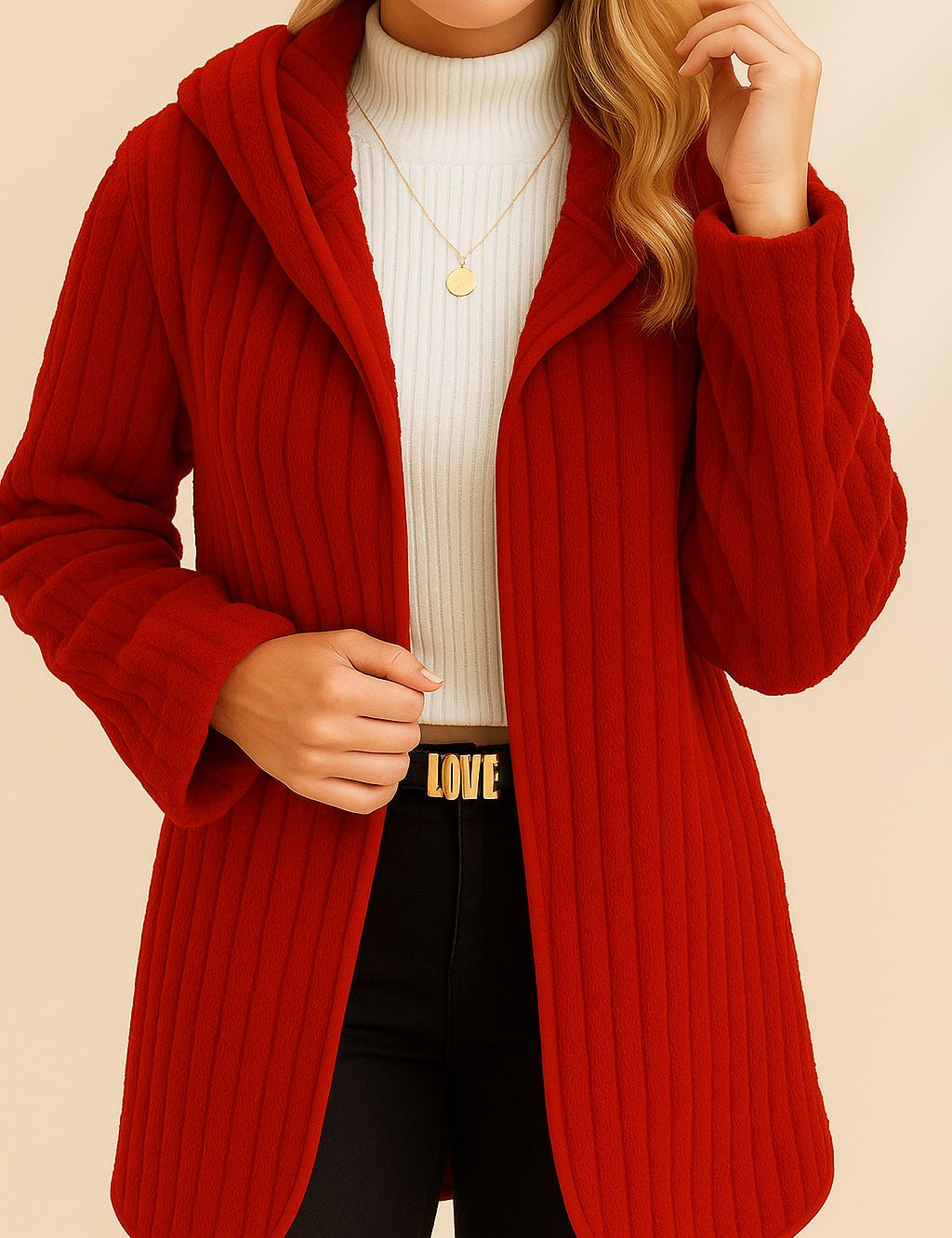 Front view of an open-front ribbed hooded coat in wine with long sleeves and rounded hem.