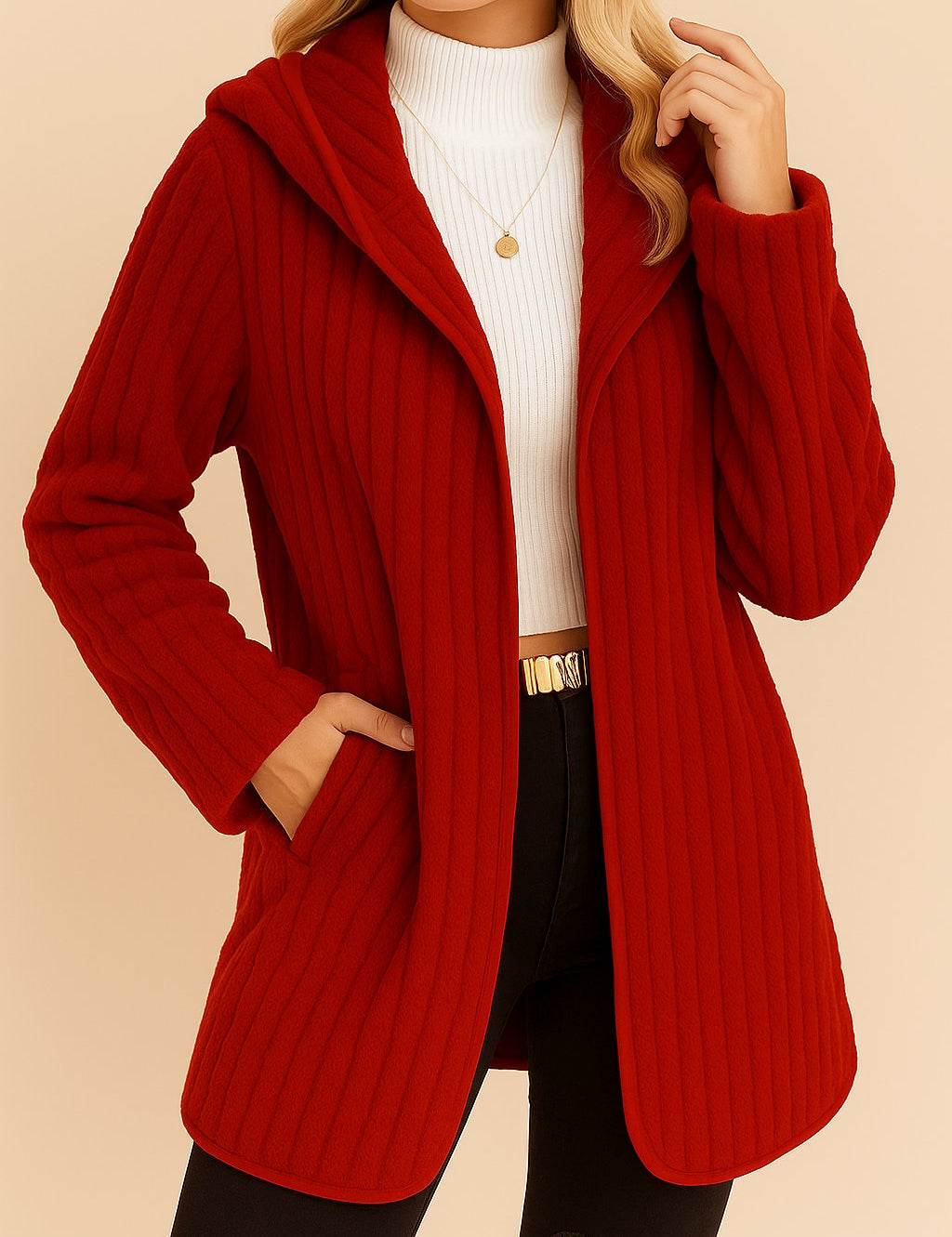 Front view of the wine ribbed hooded coat with open front and patch pockets.