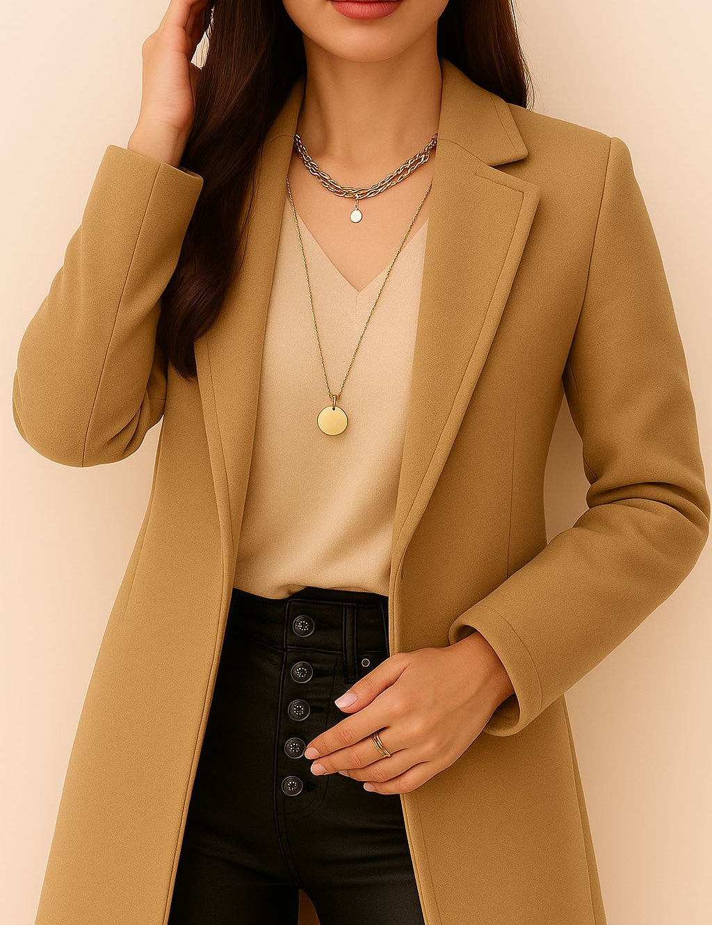 Close front detail of the camel longline coat showing neat lapel stitching, crisp edges and tailored seams along the chest
