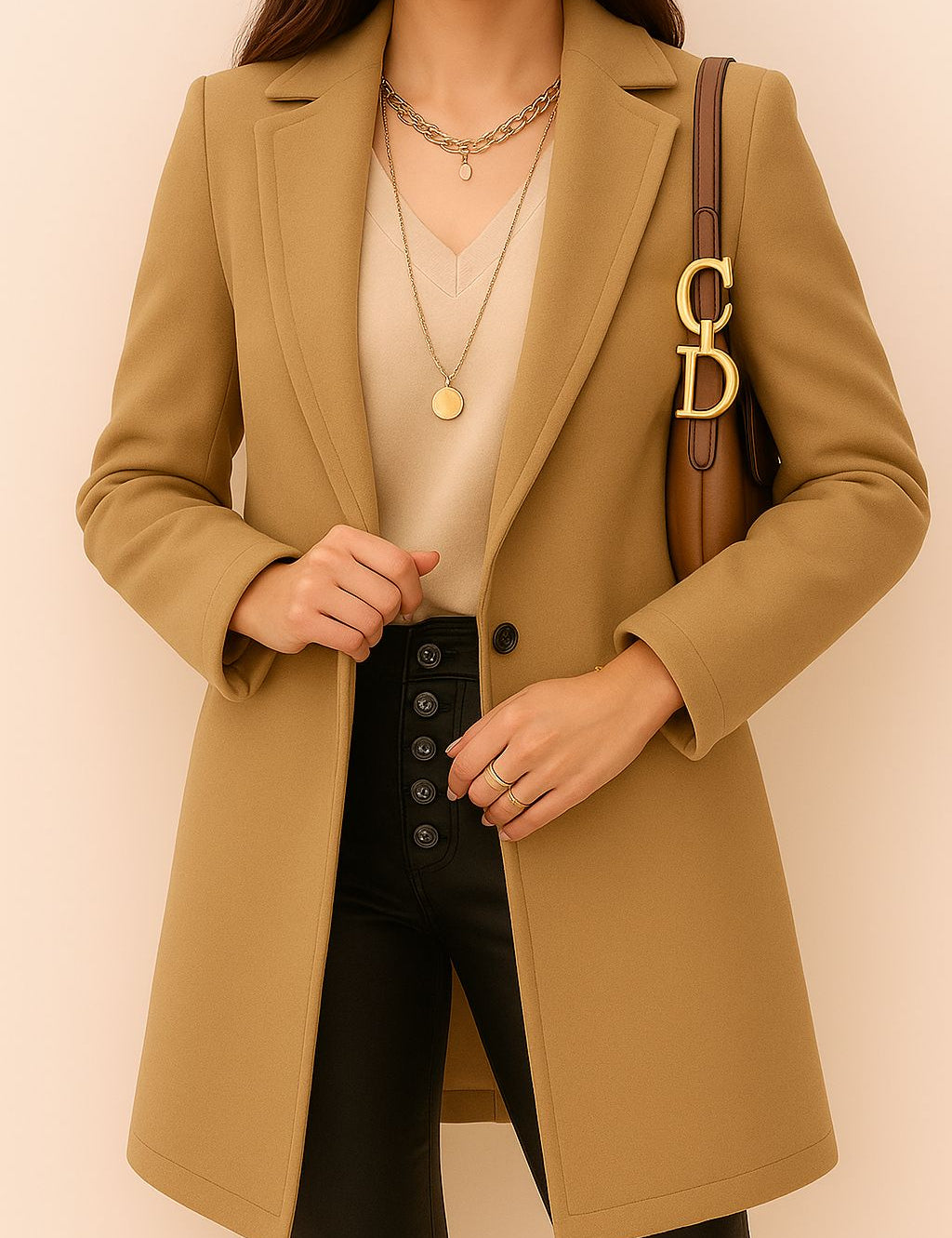 Front view of a women’s camel longline single-breasted coat with a notched lapel, one-button closure and mid-thigh length