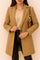 Front view of a women’s camel longline single-breasted coat with a notched lapel, one-button closure and mid-thigh length