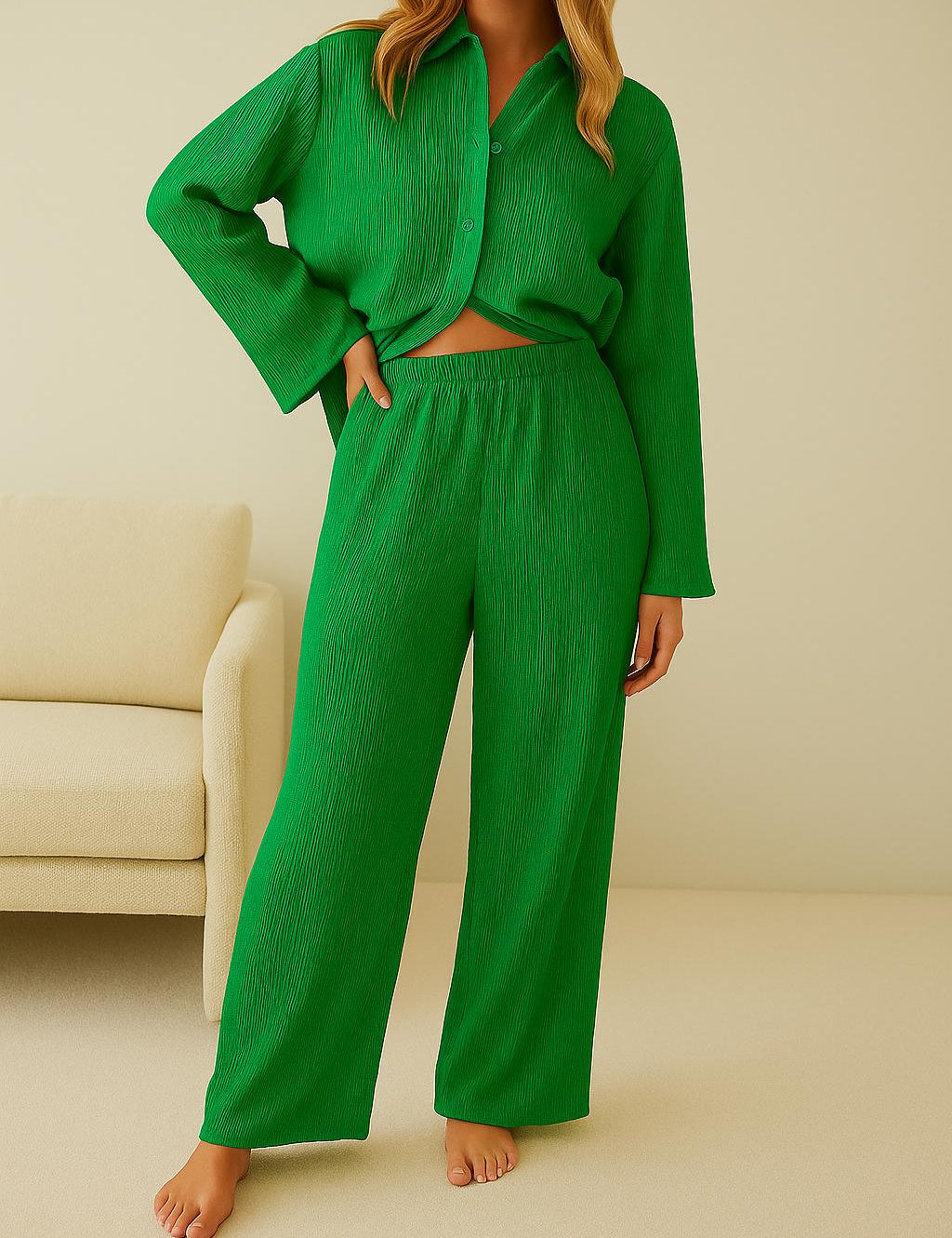 Collared Lounge Set – Long Sleeve Top & Pants